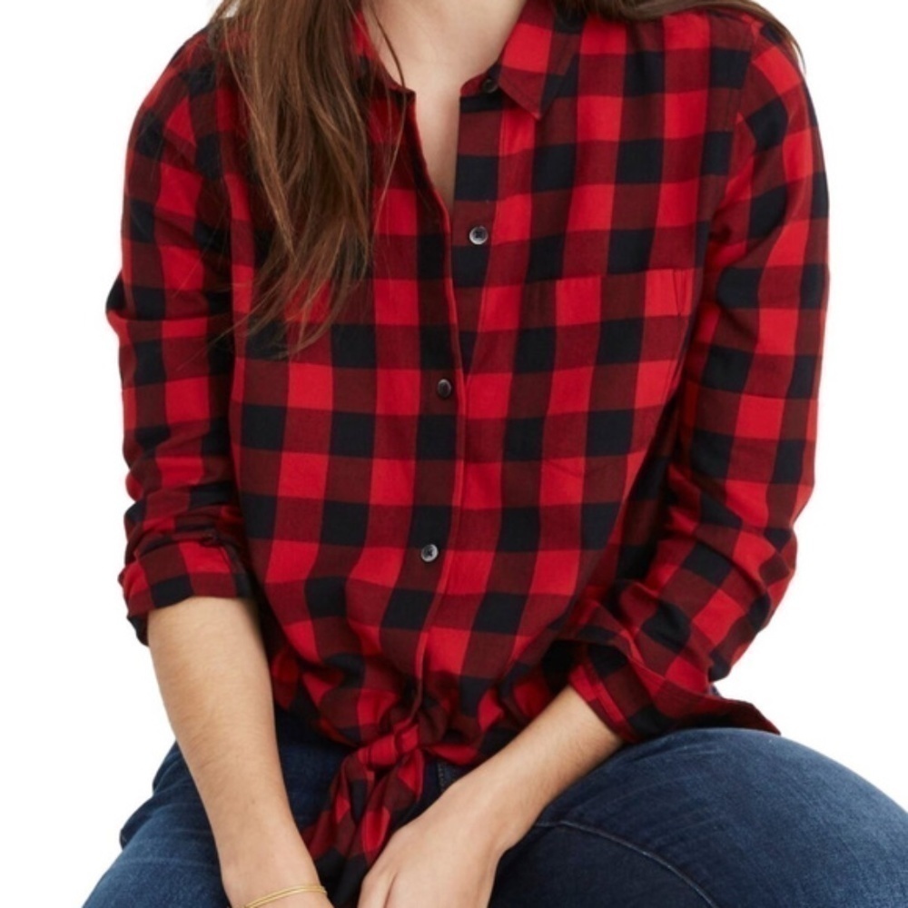 Madewell Classic Buffalo Check Tie Front Flannel Women's Shirt (XS)